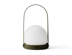 Olive green Carrie Table Lamp with a white globe shade, circular base and tall arched handle