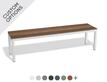 Cape Bench with brown seat slats and a white frame, alongside swatches showing custom colour options