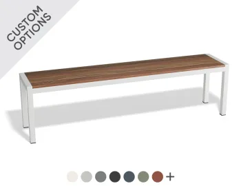 Moonah Bench with brown slats inset in a white frame and swatches showing custom colour options
