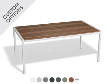 Moonah Dining Table with a brown slatted top, umbrella hole, white frame and custom colour swatches