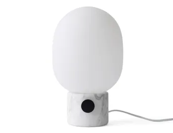White marble JWDA Table Lamp with grey veining, a black dimmer dial and rounded white shade