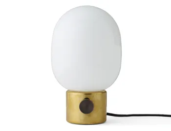 JWDA Table Lamp with a mottled gold cylindrical base, dark dimmer dial and glossy white shade