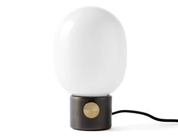 JWDA Table Lamp with a dark metallic cylindrical base, gold dimmer dial and rounded white shade