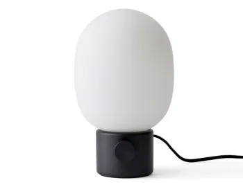 Black JWDA Table Lamp with a matching circular dimmer dial, white oval shade and black cord
