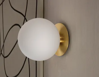 Close view of a white TR Bulb globe projecting from a round brass wall plate beside framed artwork