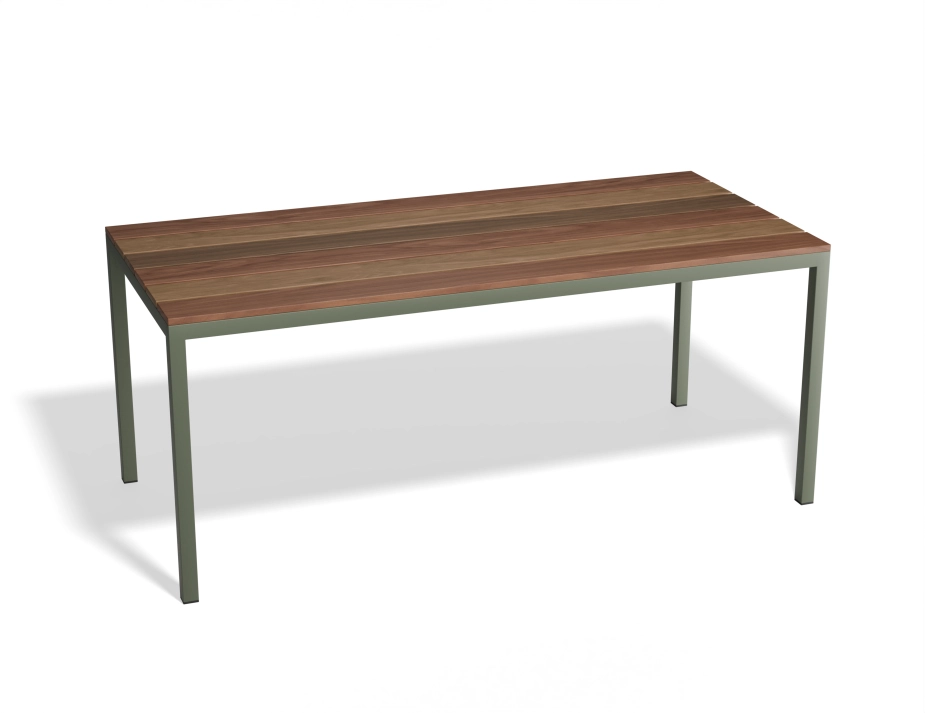 Cape Dining Table with a rectangular brown slatted top and pale green frame, viewed at an angle